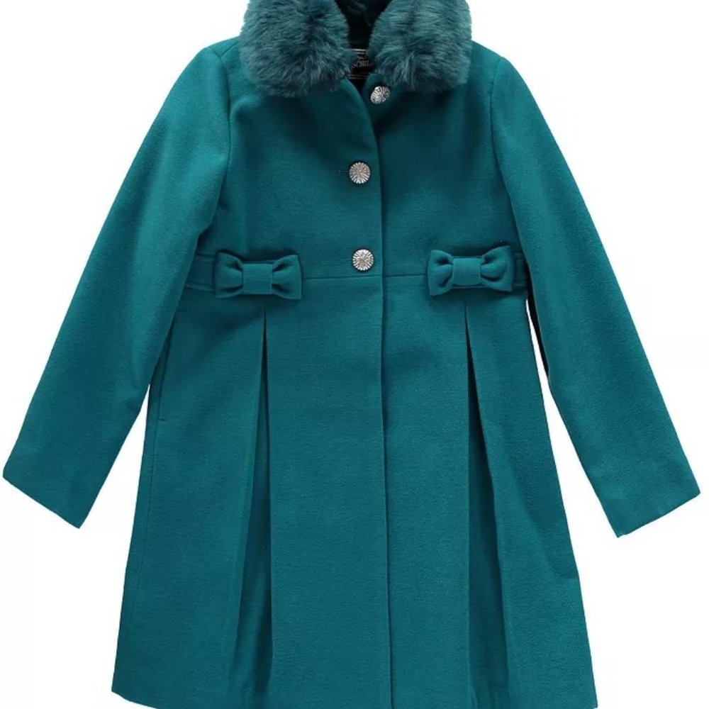 NWT S Rothschild Detachable Faux Fur Trim Collar & Bow Teal- 14, 16